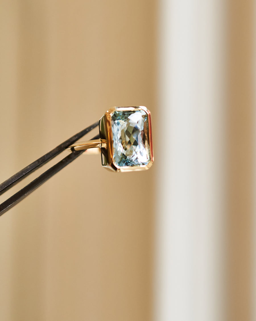 Emerald Briolette Cut Bezel Set Aquamarine Ring