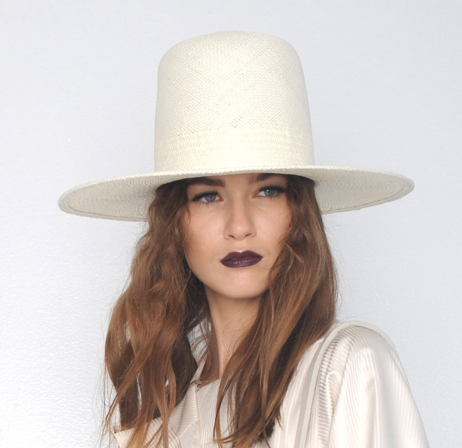 Cream Straw Tall Wide Brim Hat Wendy Nichol Designer Handmade in NYC Witch El Topo Magician Summer Hat Rudi IMG Model Beyonce Formation Hat