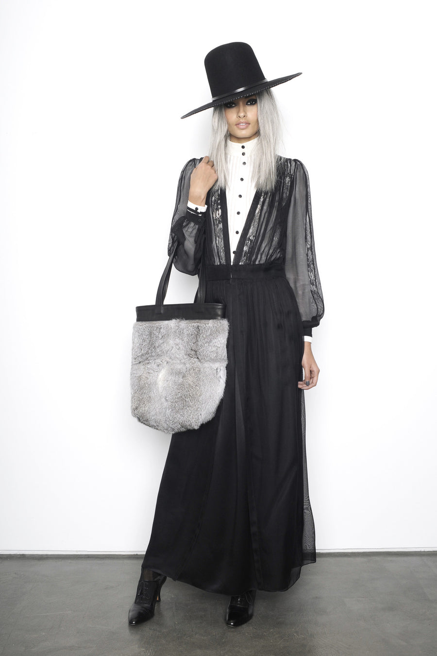 Gizele Oliveira IMG Model Gray Grey One of a Kind Rabbit Fur Tote Black Leather Wendy Nichol Luxury Handbag Purse Bag Designer handmade in NYC New York City one of a kind Durable Handle strap Interior Pocket High Quality Leather AW15 Queen of Thieves
