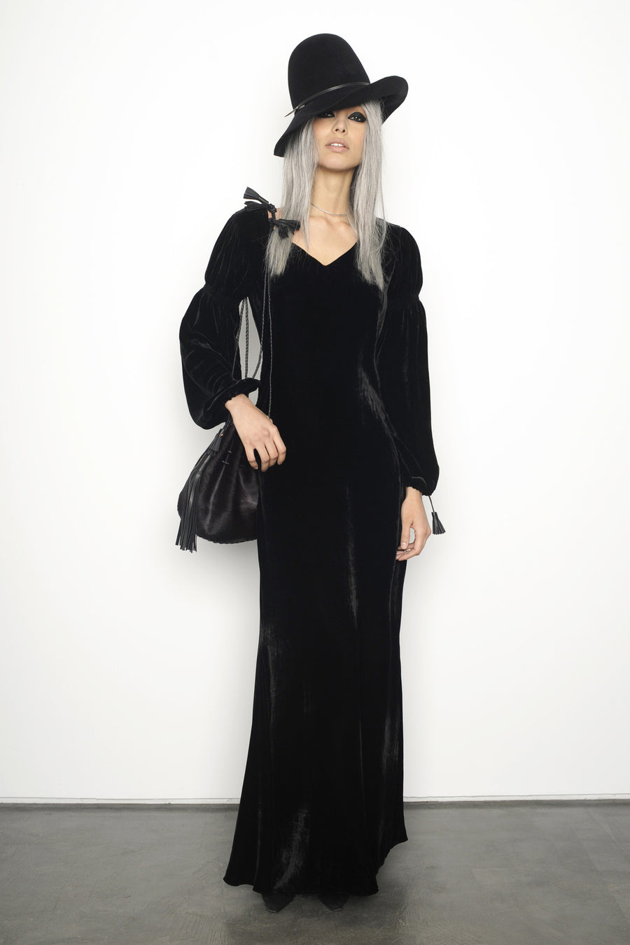 Monic IMG model Wendy Nichol Clothing Fashion Designer Runway Show AW15 Queen of Thieves Black Silk Velvet Dress Renaissance Puff Sleeve Gray Grey Hair Girl Gangster Peaky Blinders Handmade in NYC Custom Tailoring Color Fabric Made to Measure 