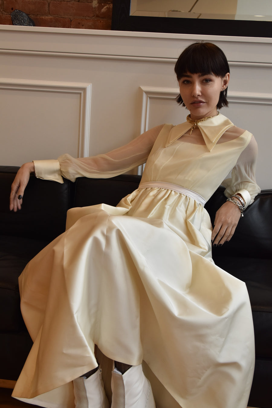 Vintage 1960’s Silk Double Collar Gown with Silk Organza Sleeves and Silk Taffeta Double Cuff