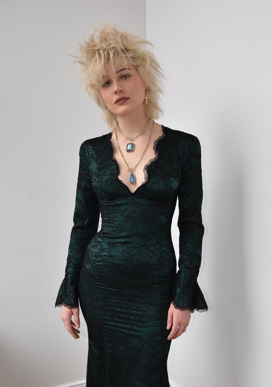 Vintage 1980’s Thierry Mugler Forest Green Silk and Black Lace Gown