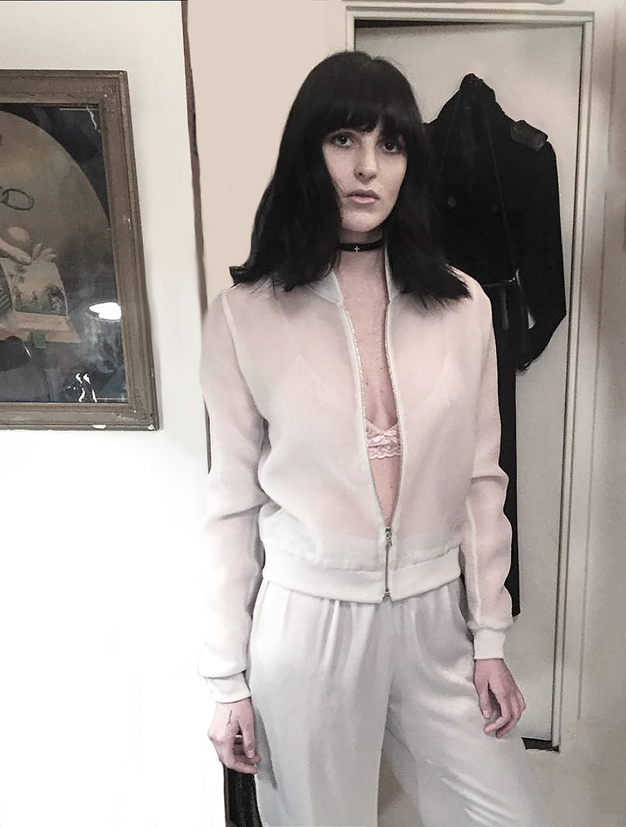 Ali Aliana Lohan Lindsay Sister Model Wendy Nichol Clothing Designer Made to Order Custom Tailoring Made to Measure Handmade in NYC New York City Fashion Runway Show AW16 13 Incarnations White Sheer Silk Club Bomber Jacket w. White Ghost & White Silver Gray Grey Silk Ruche Ankle Pants High Waist Waisted Skinny pajama sweatpants 