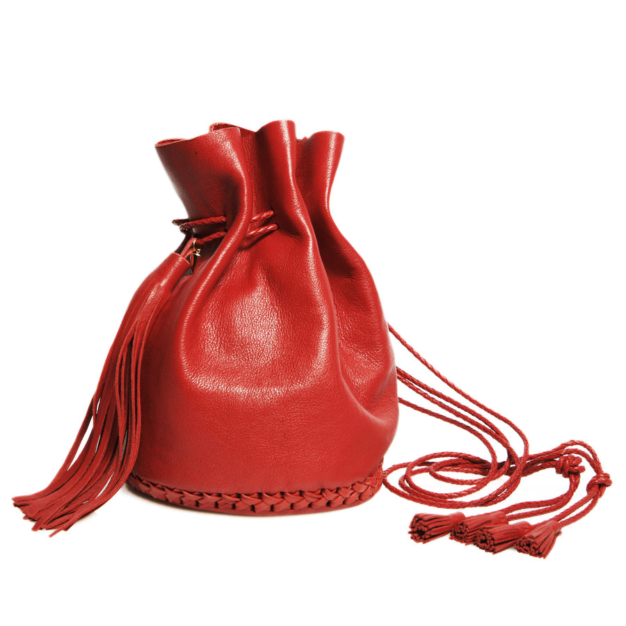 Leather Bright Red Signature Classic Bullet Bag Wendy Nichol Handmade in NYC New York City Leather Drawstring Bucket Pouch Purse Handbag Large Fringe Tassel Custom Made to Order