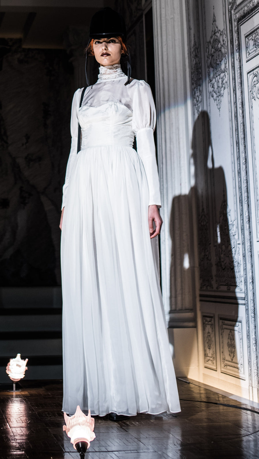 The Explorer Dress Jung White High Neck Victorian Wedding Lace Dress Sheer Shoulders Chest Long Sleeve Lace trim Wendy Nichol Clothing Fashion Designer Handmade in NYC New York City AW14 Living Doll Ready to Wear Fashion Runway Show Custom Tailoring Made to Measure Bride Bridal