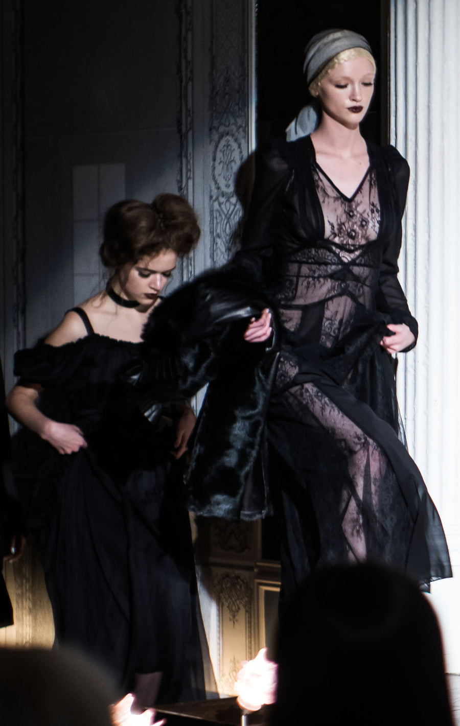 Black French Solstiss Lace Lover Dress Jung Wendy Nichol Clothing Fashion Designer Handmade in NYC New York City AW14 Ready to Wear Fashion Runway Show Custom Tailoring Made to Measure Made to Order Long Sleeve Sheer cut out panels lace dress Morticia Vampire Dracula Goth Gothic Vintage inspired Victorian Edwardian Fall Wedding Winter Bride