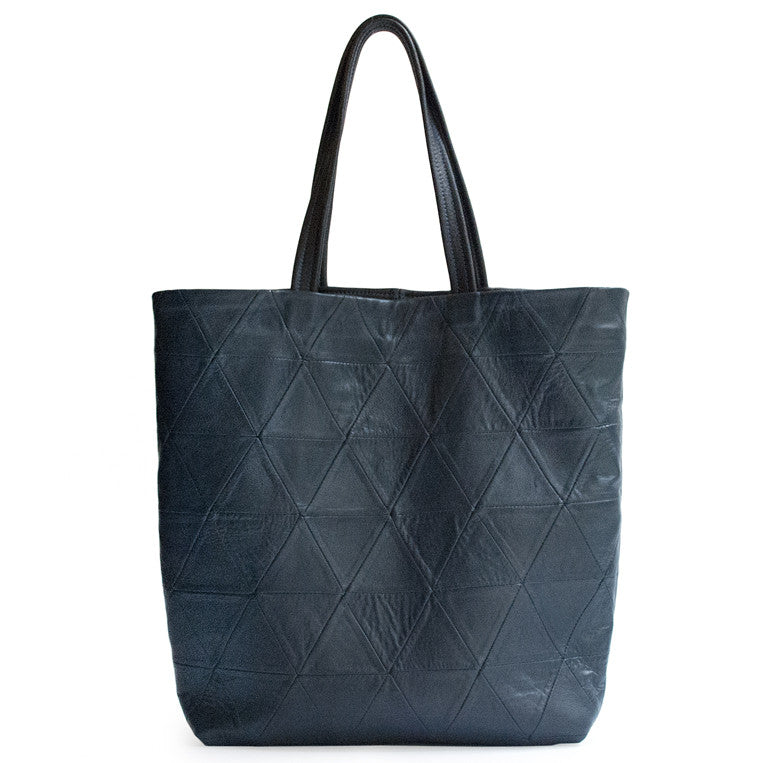 Navy Dark Blue Leather Triangle Patchwork Tote Wendy Nichol Designer Handbag Purse Tote Handmade in NYC New York City Strong durable Handle interior pocket Triangles High Quality Leather