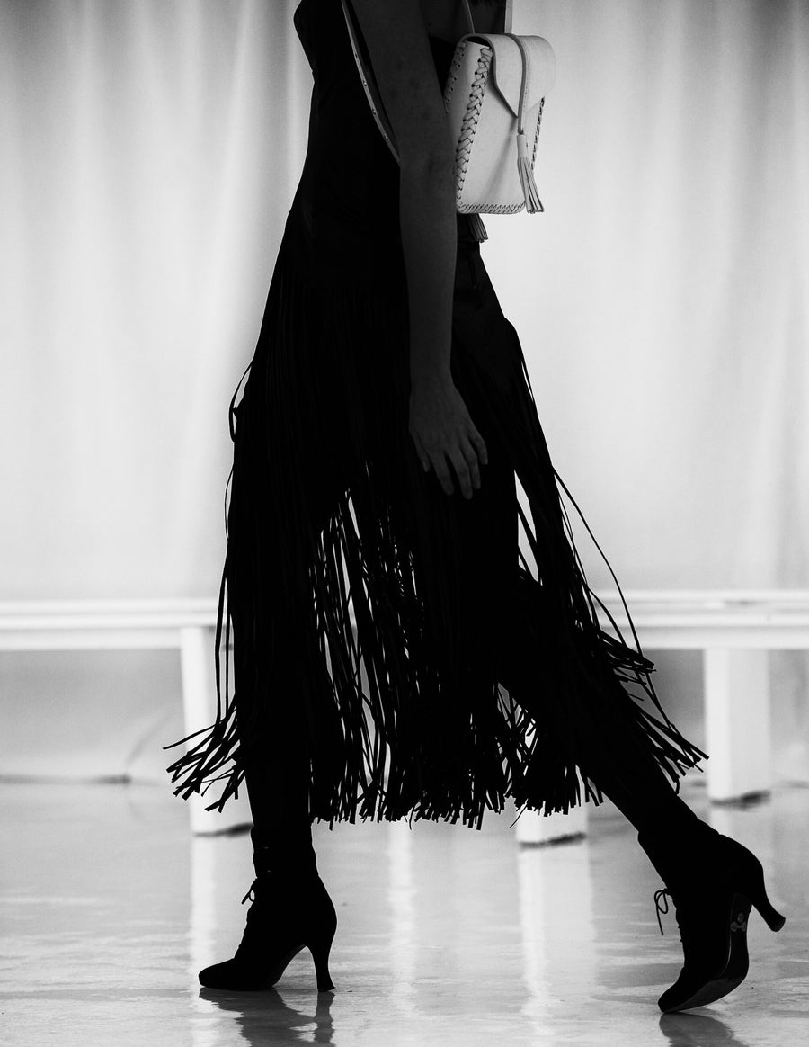 Alina Ilie IMG Model Fashion Runway Show Wendy Nichol Clothing Designer Black Leather Corset Fringe Dress Belt of Venus Guardians of Light Handmade in NYC