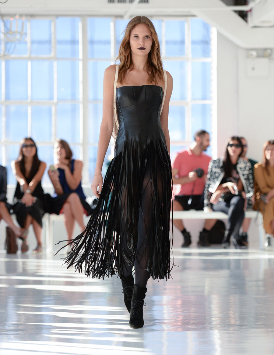Alina Ilie IMG Model Fashion Runway Show Wendy Nichol Clothing Designer Black Leather Corset Fringe Dress Belt of Venus Guardians of Light Handmade in NYC