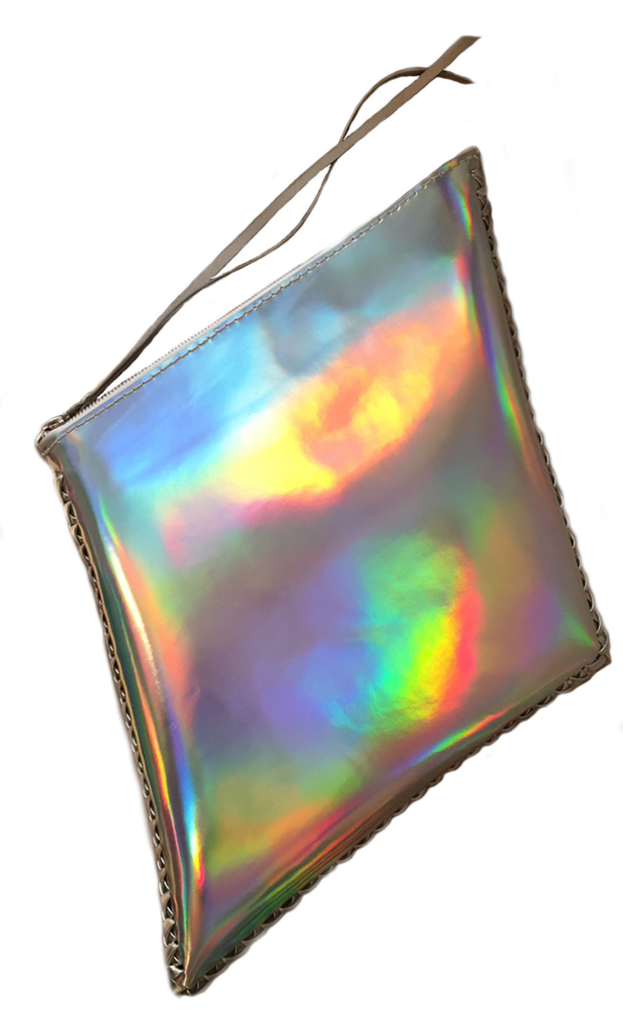 Shiny Reflective Silver Rainbow Patent Leather Diamond Kite Shape Clutch Wendy Nichol Luxury Handbag Purse Designer Handmade in NYC New York City Large Thin Structured Clutch Evening Red Carpet High Quality Leather Maggie Laine IMG Model