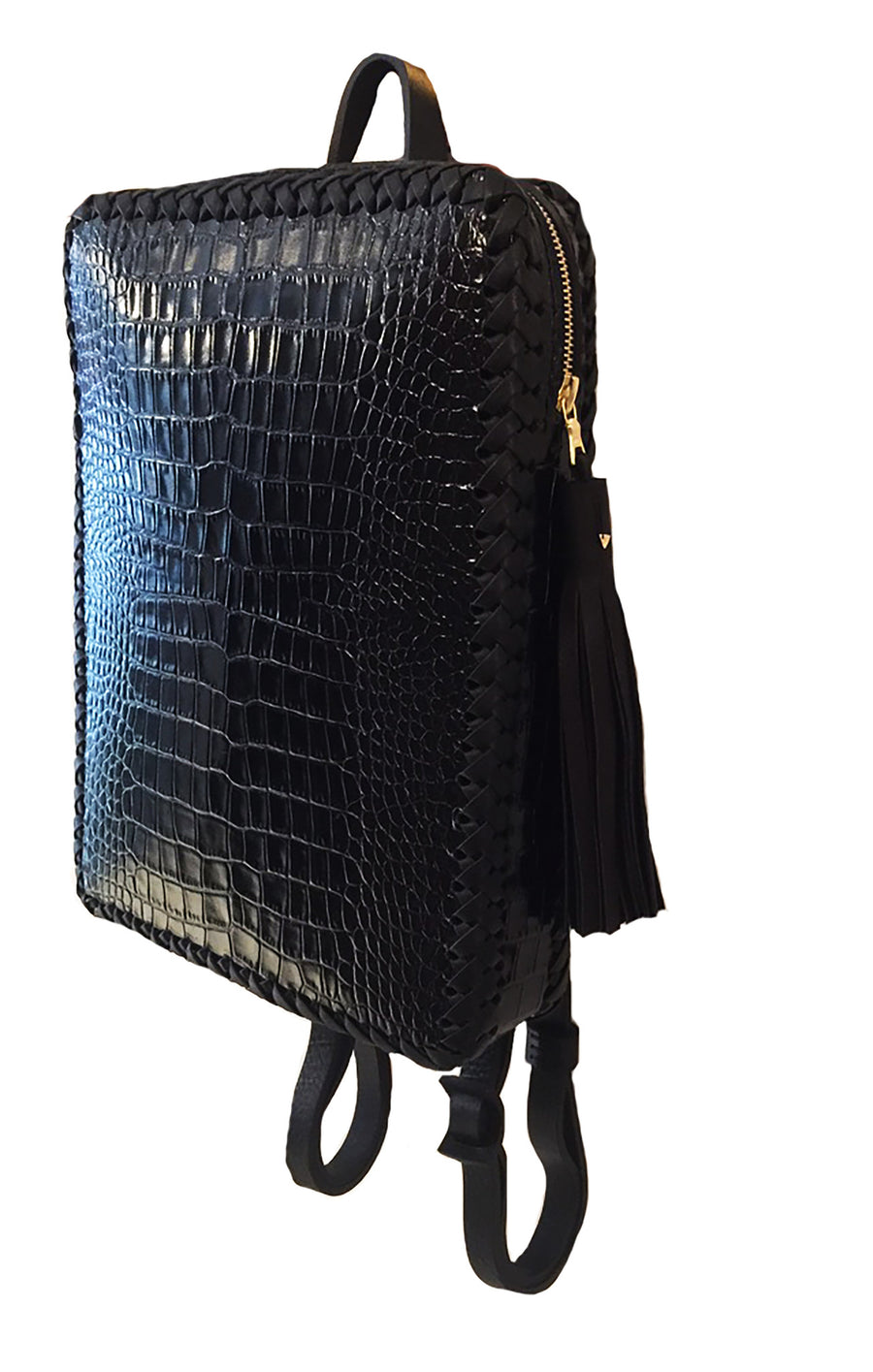 Shiny Reflective Black Embossed Croc Crocodile Alligator Cowhide Leather Folio Backpack Wendy Nichol Handbag Purse Designer Handmade in NYC New York City Rectangle Square Braided Structured Structural French Work School Backpack Fringe Tassel Adjustable Straps Zip Zipper High Quality Leather