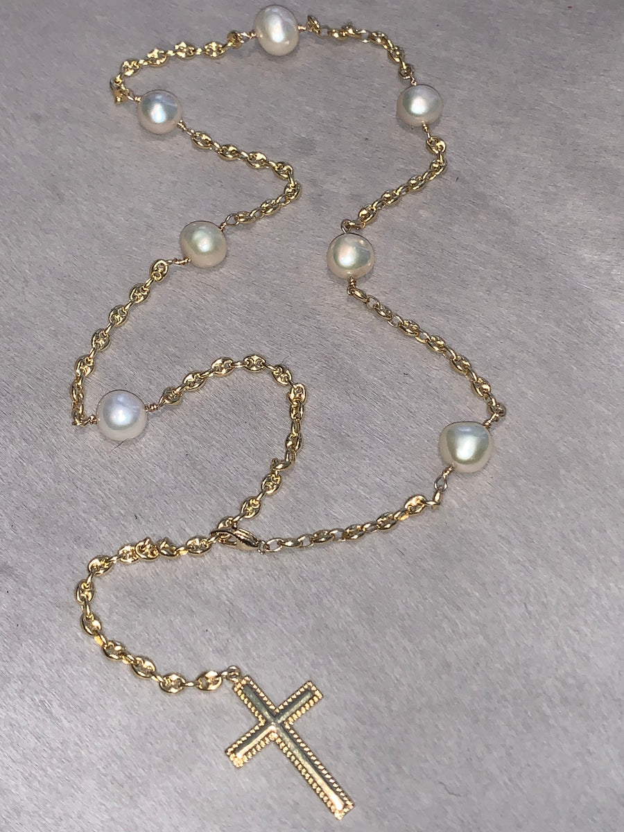 14K Gold Puffy Mariner Chain with 10mm Japanese pearls and Gold Perles Cross