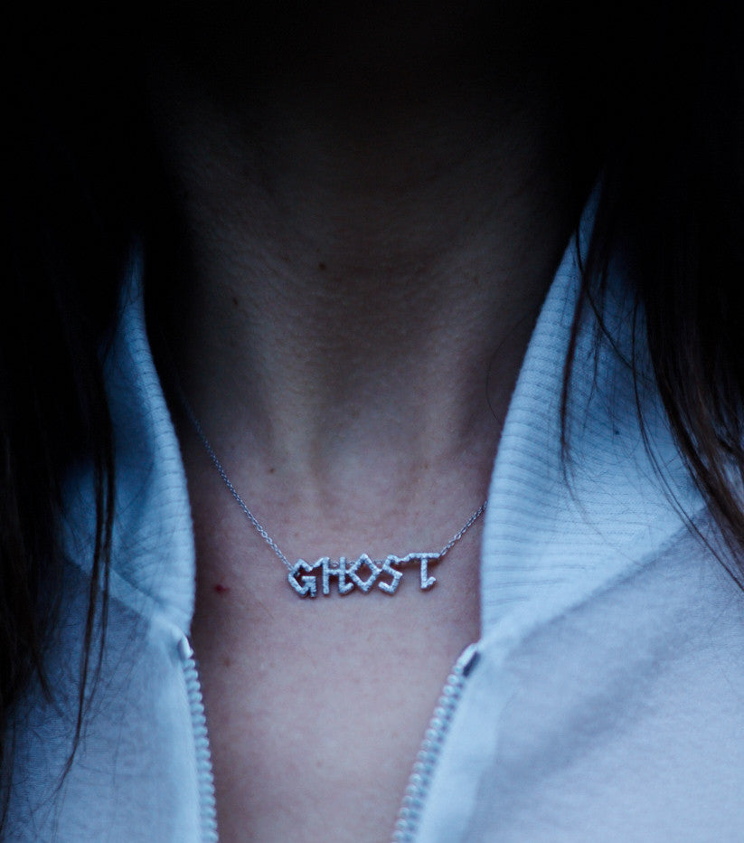 GHOST Vanessa M Model IMG GHOST GHOST Diamond Monogram Initial Letter Nameplate Pendant Charm Necklace Wendy Nichol Fine Jewelry Designer Micro Pave Diamonds solid 14k Gold Yellow Rose White Handmade in NYC New York City delicate thin chain Custom word necklace forever everyday