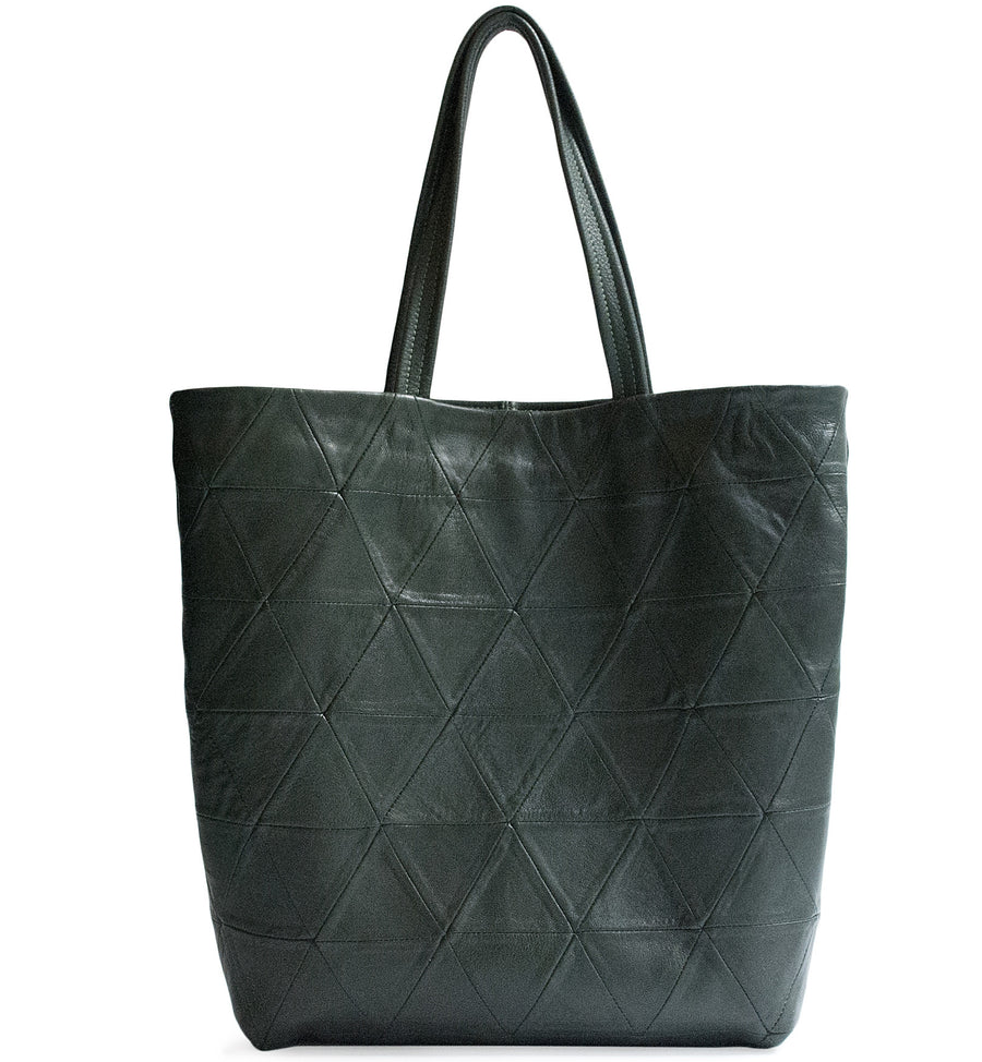 Dark Green Leather Triangle Patchwork Tote Wendy Nichol Designer Handbag Purse Tote Handmade in NYC New York City Strong durable Handle interior pocket Triangles High Quality Leather