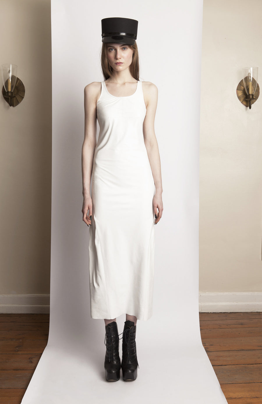 Basia IMG Model Wendy Nicol Clothing Fashion Designer Ready to Wear Fashion Runway Show AW13 Witch Lessons Fall Winter White Plonge Soft Tight Leather Tank Fitted Slip Dress Handmade in NYC new york city Custom Tailoring Fitting Size Fabric Color Made to Measure White witch bridesmaid dress