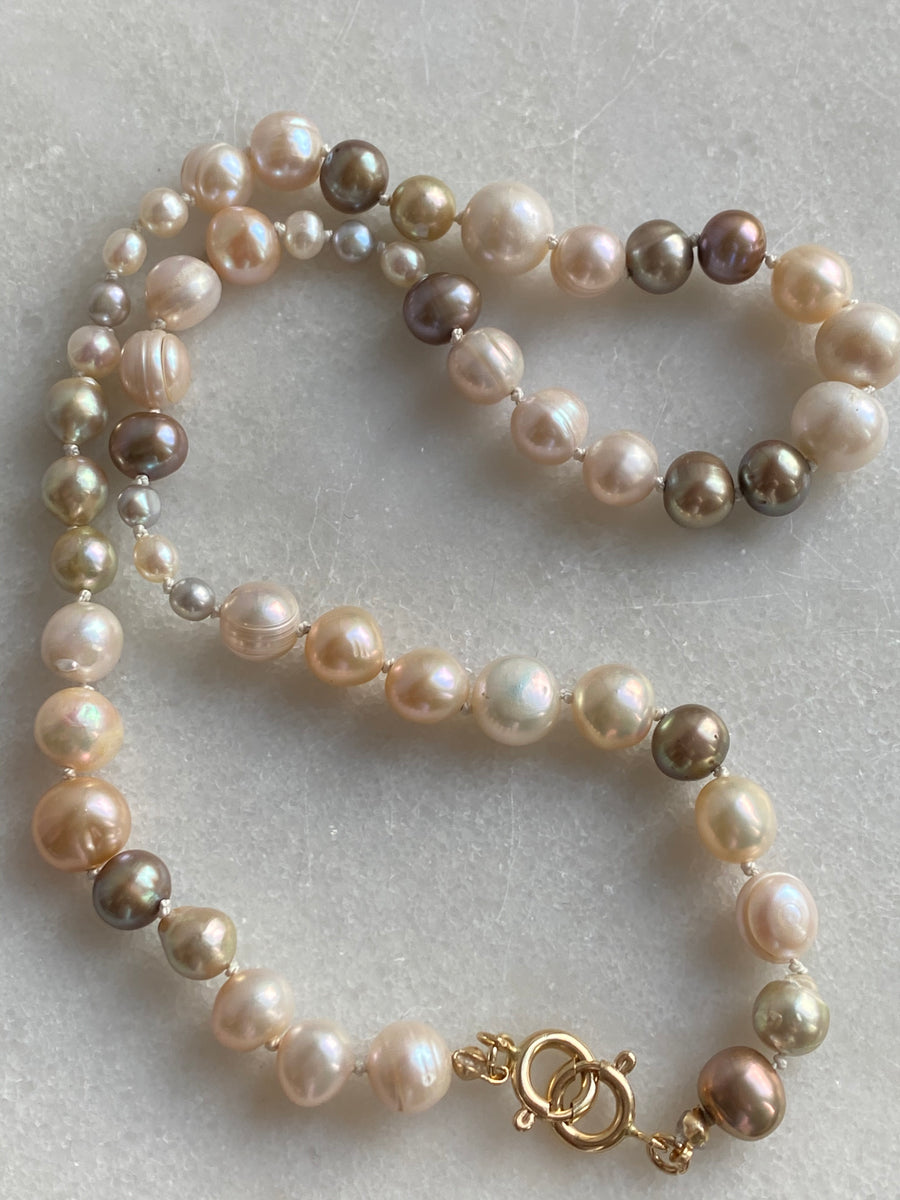 Multi-Colored hand knotted Pearl Necklace with 14k gold clasp