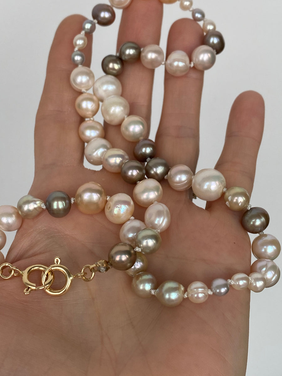 Multi-Colored hand knotted Pearl Necklace with 14k gold clasp