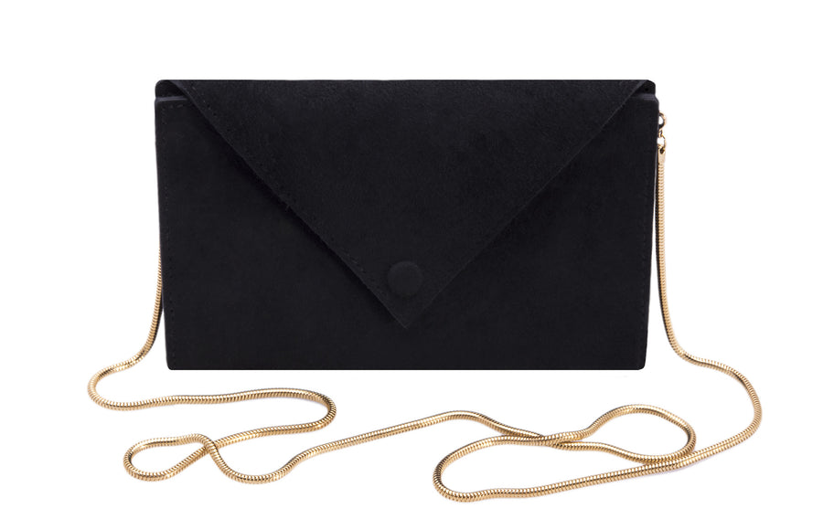 Large Envelope Wallet with Snake Chain Strap Wendy Nichol Black Suede Leather Handbag designer Handmade in NYC wallet clutch cross body simple