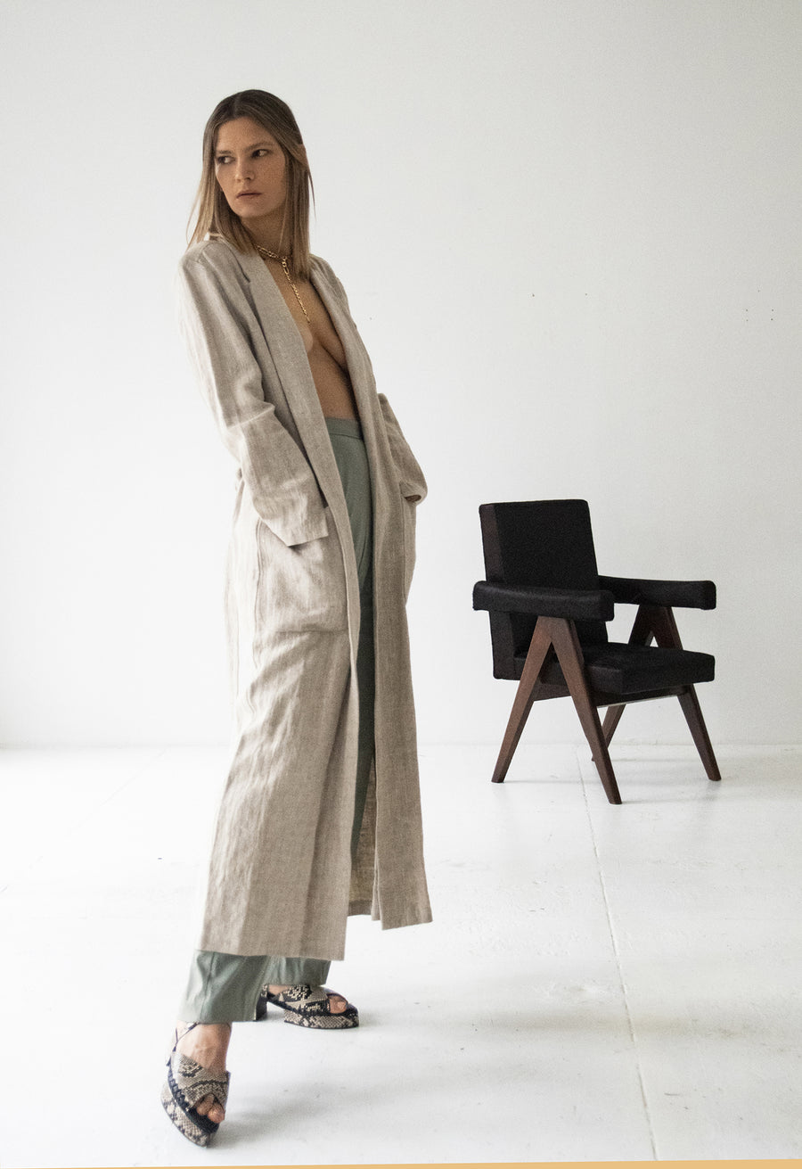 Classic Linen Duster and Green Pleated Pants