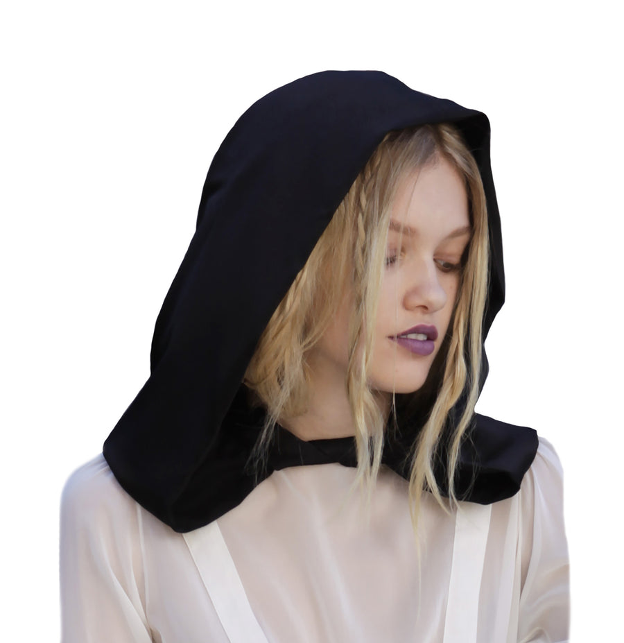 Maggie Laine IMG model Wendy Nichol SS17 Fashion Show Death Valley Silk Charmeuse Hood Handmade in NYC New York City Edwardian Victorian Goth Gothic Bow Tie Hooded