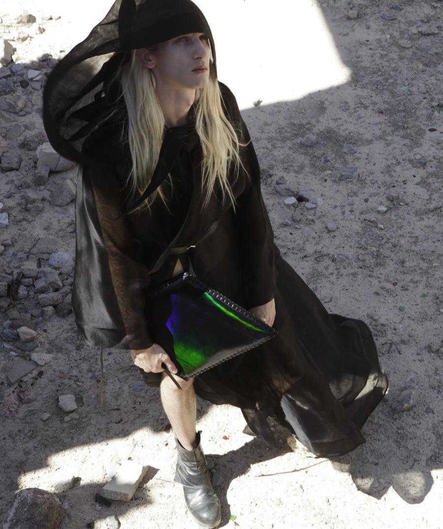 Ryan James Smith model Wendy Nichol New York Clothing Designer Handmade in NYC New York City SS17 Fashion Runway Show Signals to the Mothership Made to Order Custom Tailoring Made to Measure Death Valley Black Sheer Hood Hooded Cape Cloak Coat Belle Sleeves Long Train Oversized Hood Gothic Goth Pagan Witch High Priestess Sorceress Magician Wizard 