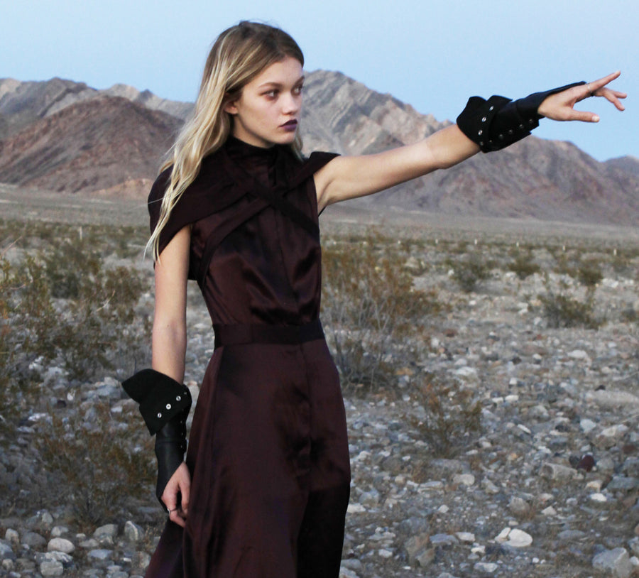 Maggie Laine IMG model Wendy Nichol SS17 Fashion Show Death Valley Single Finger Cross Leather Gloves Wendy Nichol Designer Handmade in NYC New York City black Leather Fingerless Smoker Driving Gloves Archery Archer Witch Vampire Dracula Glove Gloves