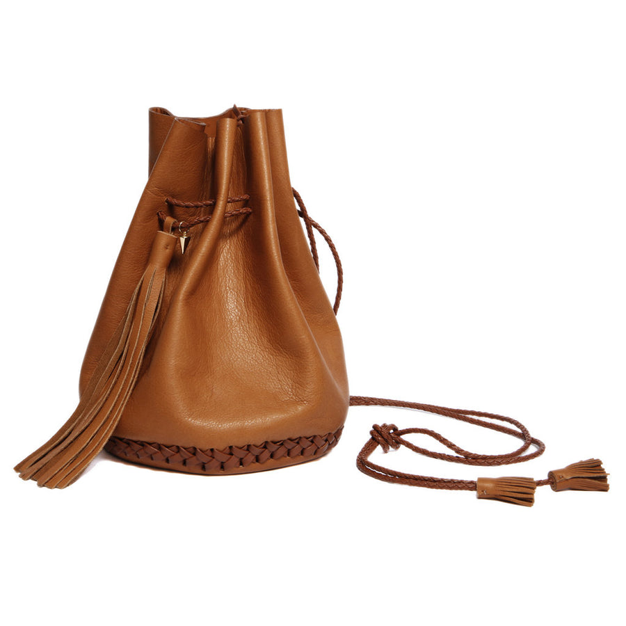 Canyon Light Brown Tan Leather Signature Classic Bullet Bag Wendy Nichol Handmade in NYC New York City Leather Drawstring Bucket Pouch Purse Handbag Large Fringe Tassel Custom Made to Order