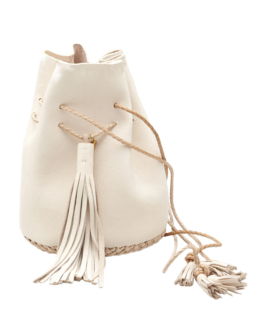 Natural Pink Tan Vegetable Tanned Leather Signature Classic Bullet Bag Wendy Nichol Handmade in NYC New York City Leather Drawstring Bucket Pouch Purse Handbag Large Fringe Tassel Custom Made to Order