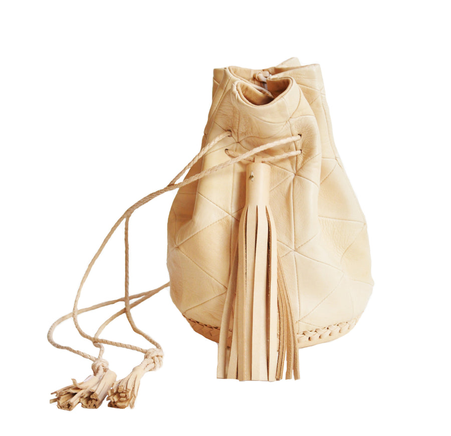 Natural Pink Vegetable Tanned No Dye Leather Triangle Patchwork Bullet Bag Wendy Nichol Leather Handbag Purse Designer Barneys Barney's Bucket Bag Handmade in NYC New York City High Quality leather Draw String Drawstring Pouch  Large Fringe Tassel Tassels
