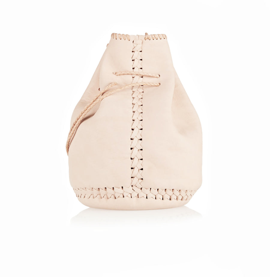 Natural Pink Leather Whipstitch Bullet Bag Wendy Nichol Designer Purse Handbag Handmade in NYC New York City Leather Fringe Tassel Drawstring Bucket Pouch Boho Handbag