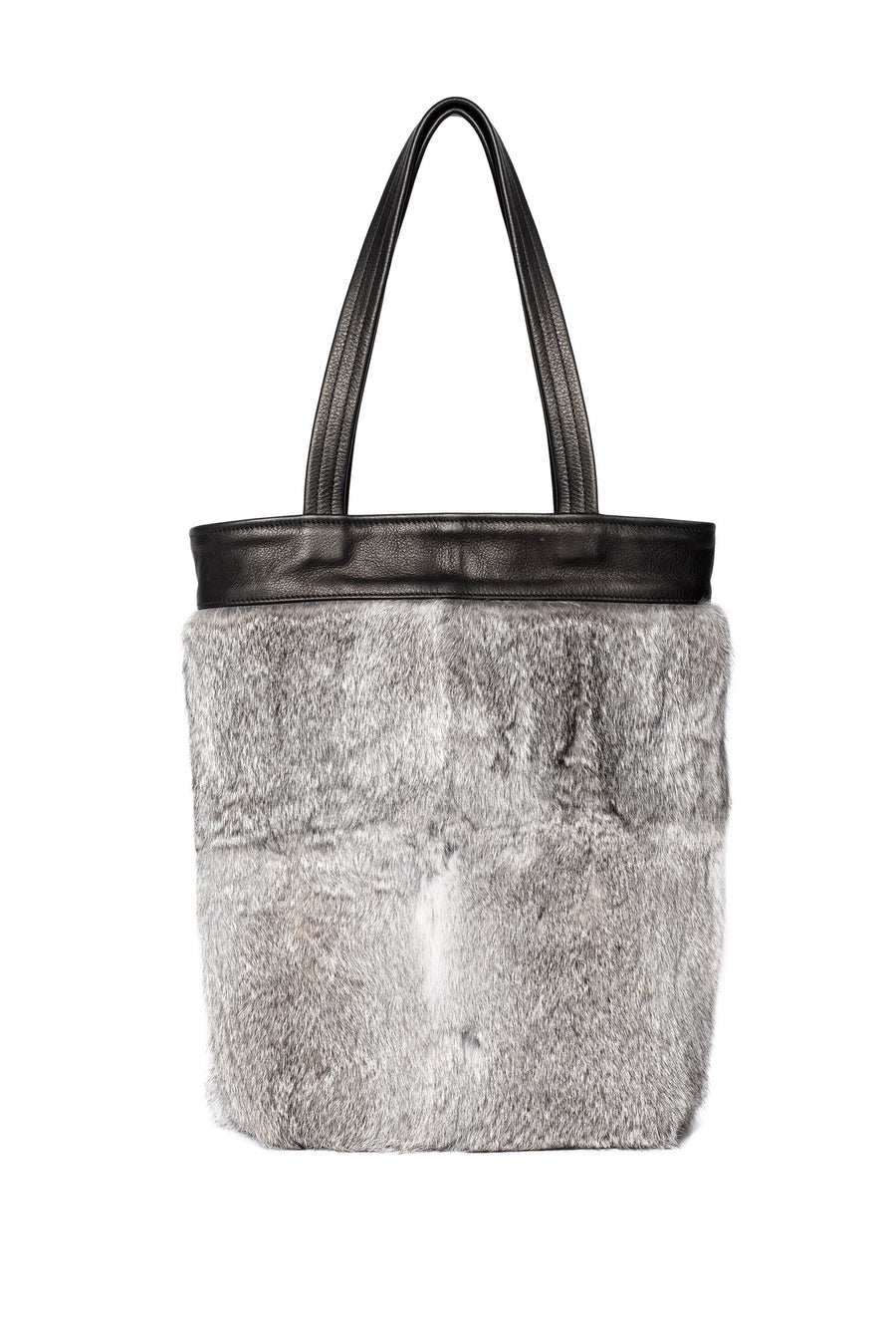 Gray Grey One of a Kind Rabbit Fur Tote Black Leather Wendy Nichol Luxury Handbag Purse Bag Designer handmade in NYC New York City one of a kind Durable Handle strap Interior Pocket High Quality Leather