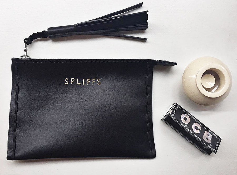 SPLIFFS WEED Leather Medium Laced Clutch Pouch Custom Embossed Initial Letter Monogram Card Phone Wallet Clutch Wendy Nichol Designer Purse handbags Handmade in NYC New York City Zip Zipper Pouch Smooth Black High Quality Leather Fringe Tassel Gold Silver Foil