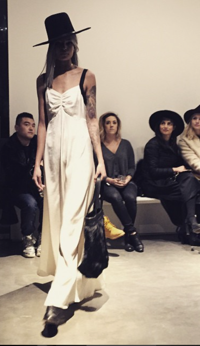 Laura James IMG Model Wendy Nichol Clothing Fashion Designer Runway Show AW15 Queen of Thieves Witch Girl Gang Whipstitch Wide Brim Hat Silk White Empire Waist Slip Dress Black Straps Custom Tailoring Fabric Color Made to Measure Order Handmade in NYC