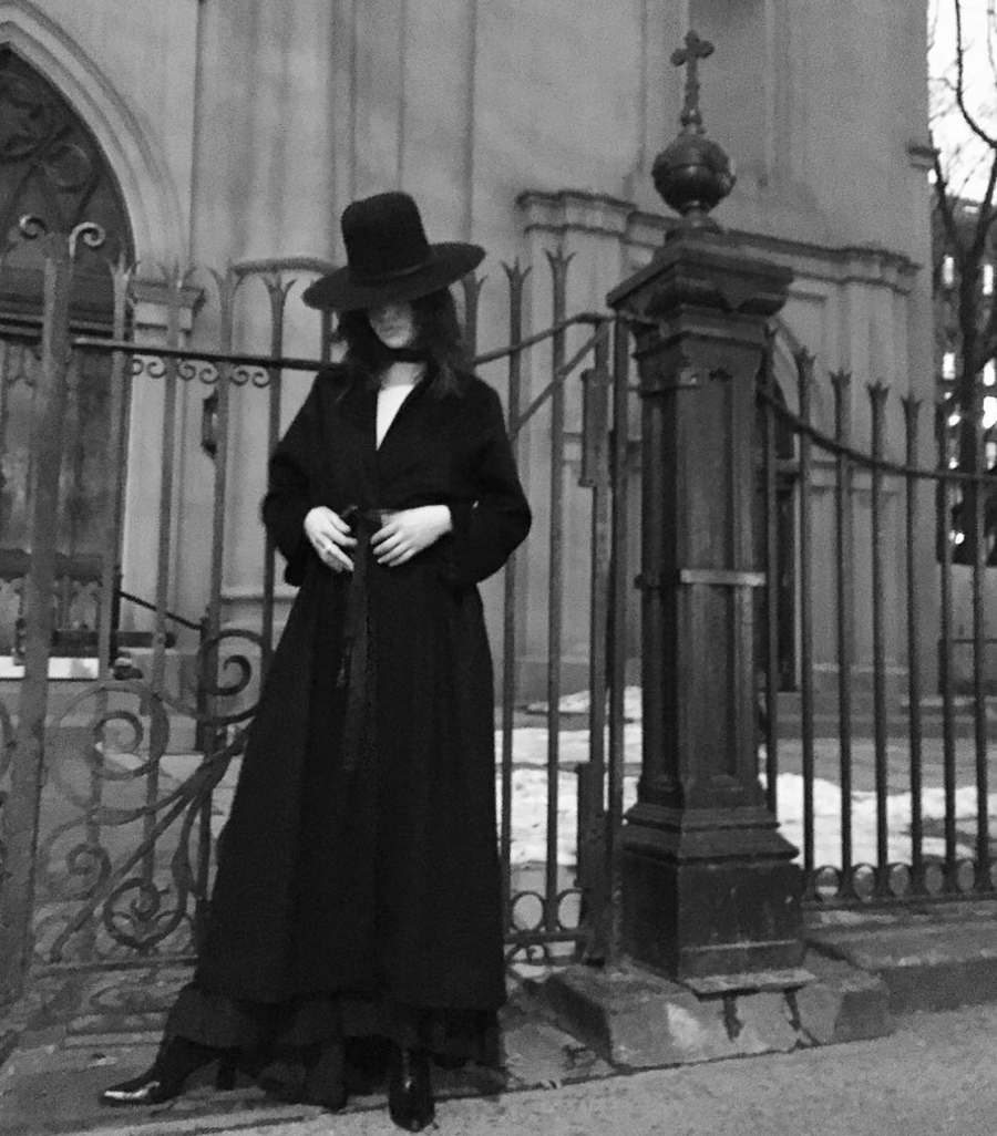 Vanessa M. IMG Model Wendy Nichol Clothing Designer Made to Order Custom Tailoring Made to Measure Handmade in NYC New York City Fashion Runway Show AW16 13 Incarnations High Collar Long Cashmere Coat Leather Collar and belt pockets Silk Lining Perfect Long Winter Fall Coat High quality Silk Charmeuse Leather Cashmere
