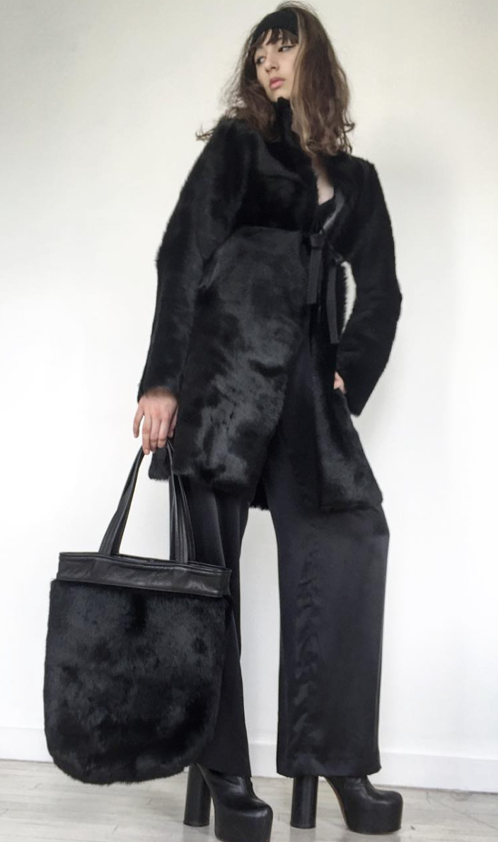The Creator Jung Black Leather Edwardian Collar detachable Shearling Fur Coat  Wendy Nichol Clothing Fashion Designer Handmade in NYC New York City AW14 Ready to Wear Fashion Runway Show Custom Tailoring Made to Measure made to Order