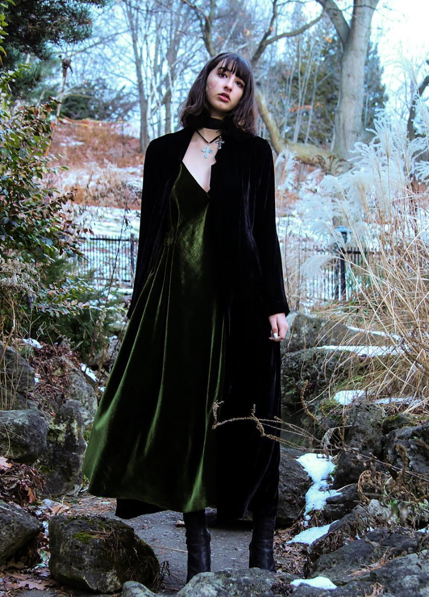 Silk Velvet Black Bottle Dark Green Deep V Slip Dress Wendy Nichol clothing fashion designer ready to wear Handmade in NYC Custom Tailoring Made to Measure Sofia G Model