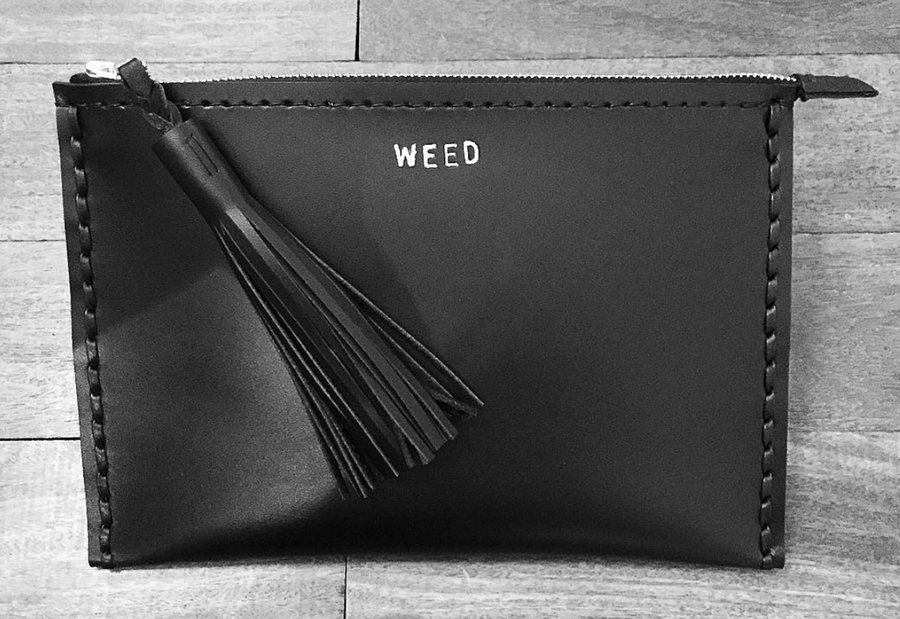 WEED Leather Medium Laced Clutch Pouch Custom Embossed Initial Letter Monogram Card Phone Wallet Clutch Wendy Nichol Designer Purse handbags Handmade in NYC New York City Zip Zipper Pouch Smooth Black High Quality Leather Fringe Tassel Gold Silver Foil
