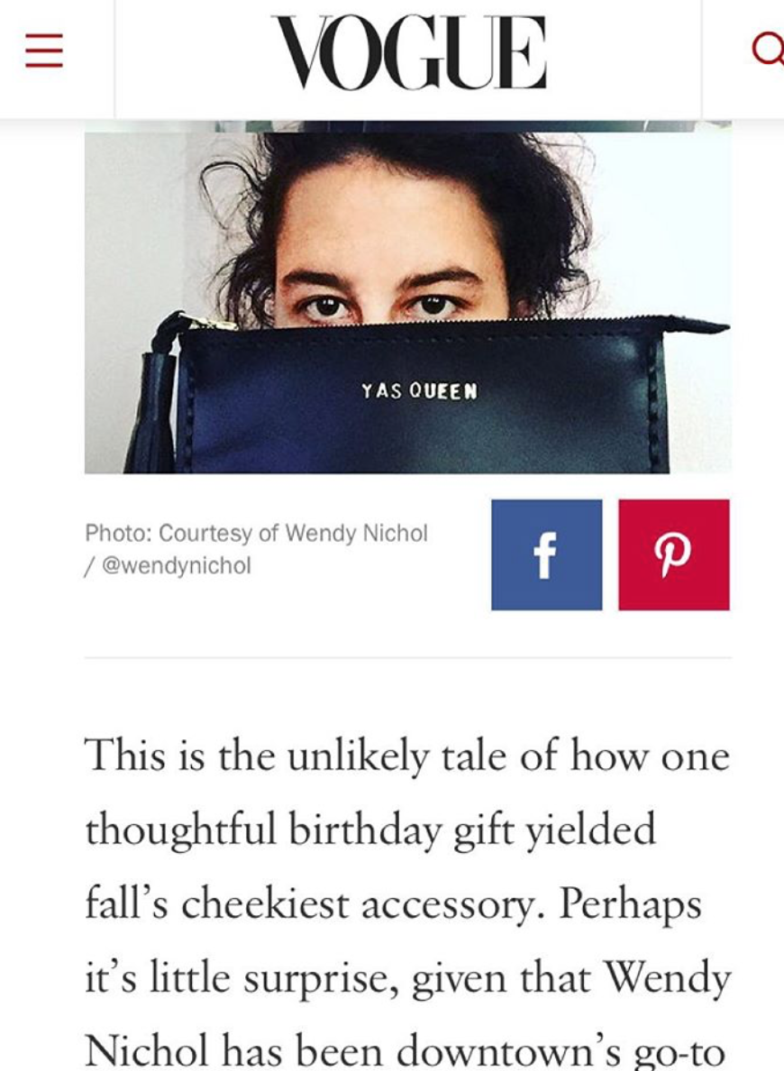 YAS QUEEN Ilana Glazer Broad City Vogue Vogue.com Wendy Nichol Fall's Most Cheeky Accessory is Beyonce and Broad City Approved Leather Large Laced Clutch Pouch Custom Embossed Initial Letter Monogram Card Phone Wallet Clutch Wendy Nichol Designer Purse handbags Handmade in NYC New York City Zip Zipper Pouch Smooth Black High Quality Leather Fringe Tassel Gold Silver Foil YAS QUEEN FUCK YES FUCK YEAH FUCK YOU FUCK NO FUCK OFF