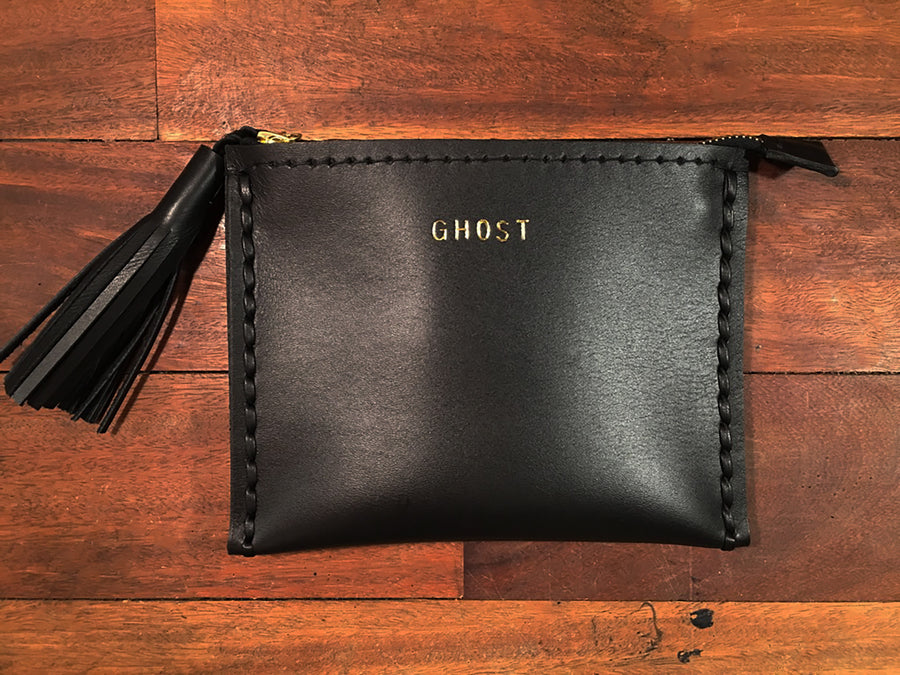 GHOST Black Leather Small Laced Clutch Pouch Custom Embossed Initial Monogram Card Wallet Wendy Nichol Luxe Luxury Purse Handbag Designer handbags Handmade in NYC New York City High Quality Smooth Black Leather Silver Gold Foil Zip Zipper Pouch