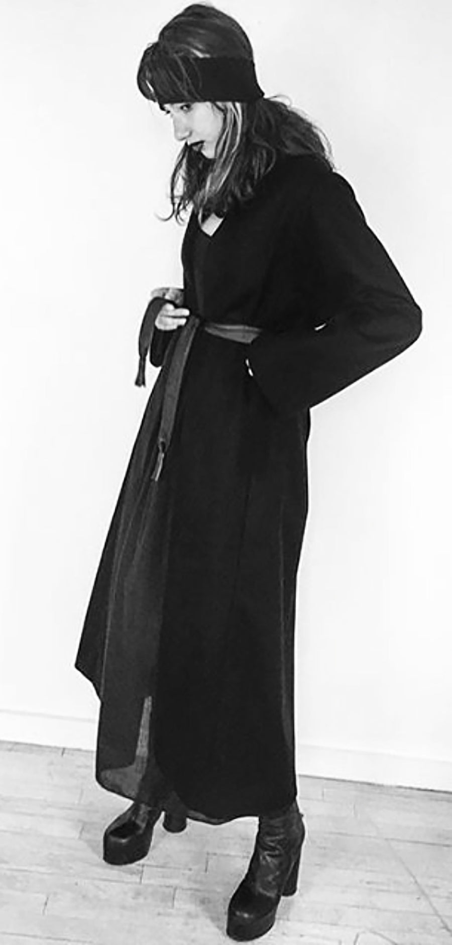 Sofia G. Model Wendy Nichol Clothing Designer Made to Order Custom Tailoring Made to Measure Handmade in NYC New York City Fashion Runway Show AW16 13 Incarnations High Collar Long Cashmere Coat Leather Collar and belt pockets Silk Lining Perfect Long Winter Fall Coat High quality Silk Charmeuse Leather Cashmere