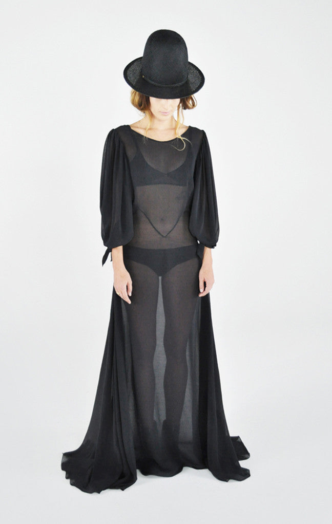 black sheer puff sleeve dress Simone Rocha Sheer Puff Bow Sleeve Hip Tutu Detail Dress in Black