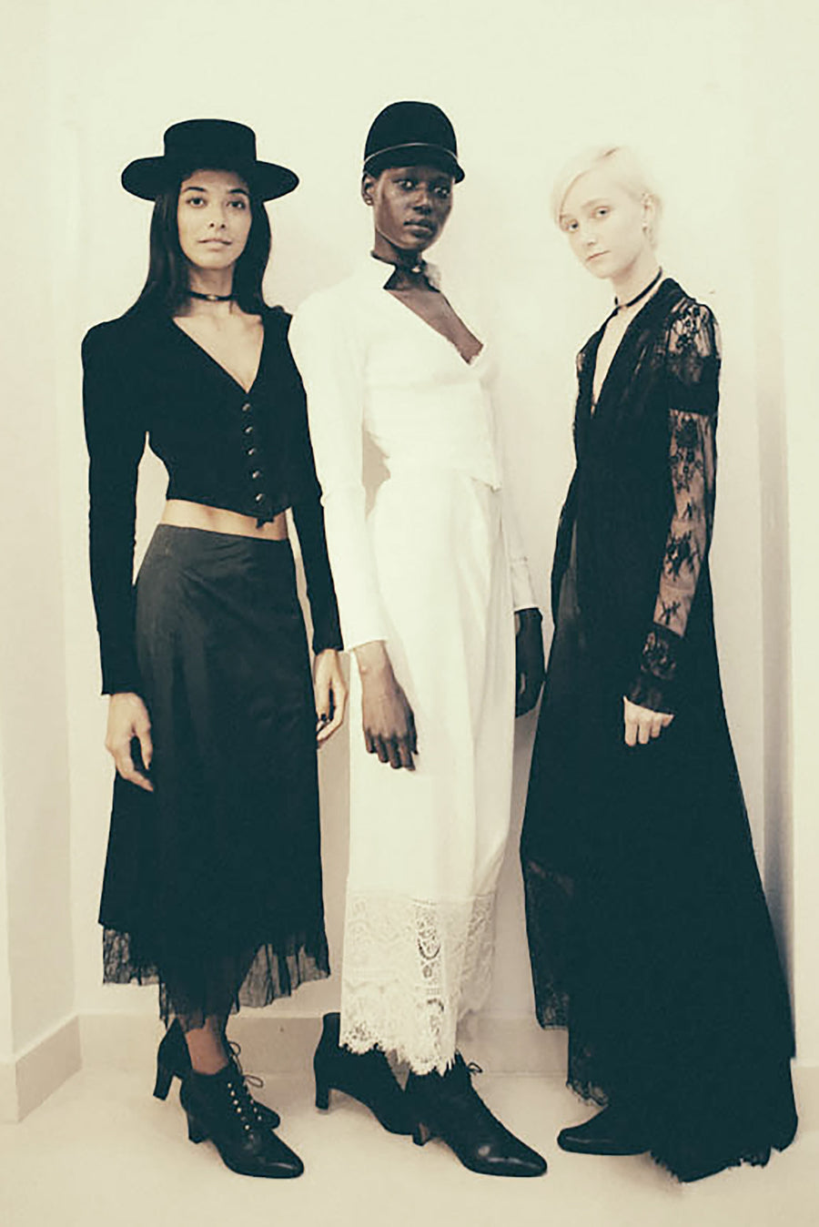 Heidy de la Rosa Model Ajak Deng Juliette Fazekas IMG Models Fitted Black Suede Victorian Jacket & Tulle Trim Silk Skirt Wendy Nichol Clothing Designer Fashion Runway show SS15 Space Master handmade in NYC New York City Bespoke Made To Measure Made to Order custom Tailoring