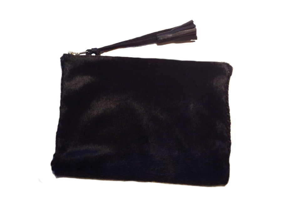 Black Pony Cow Fur Hair Black Leather Braided Pouch Wendy Nichol Luxe Luxury Handbag Wallet Designer Handmade in NYC New York City High Quality Leather Zip Zipper Fringe Tassel Pull Money Credit Card Wallet Pouch Make Up Case Bag Essentials Essential Powder Room Bathroom Tampons Period Pads