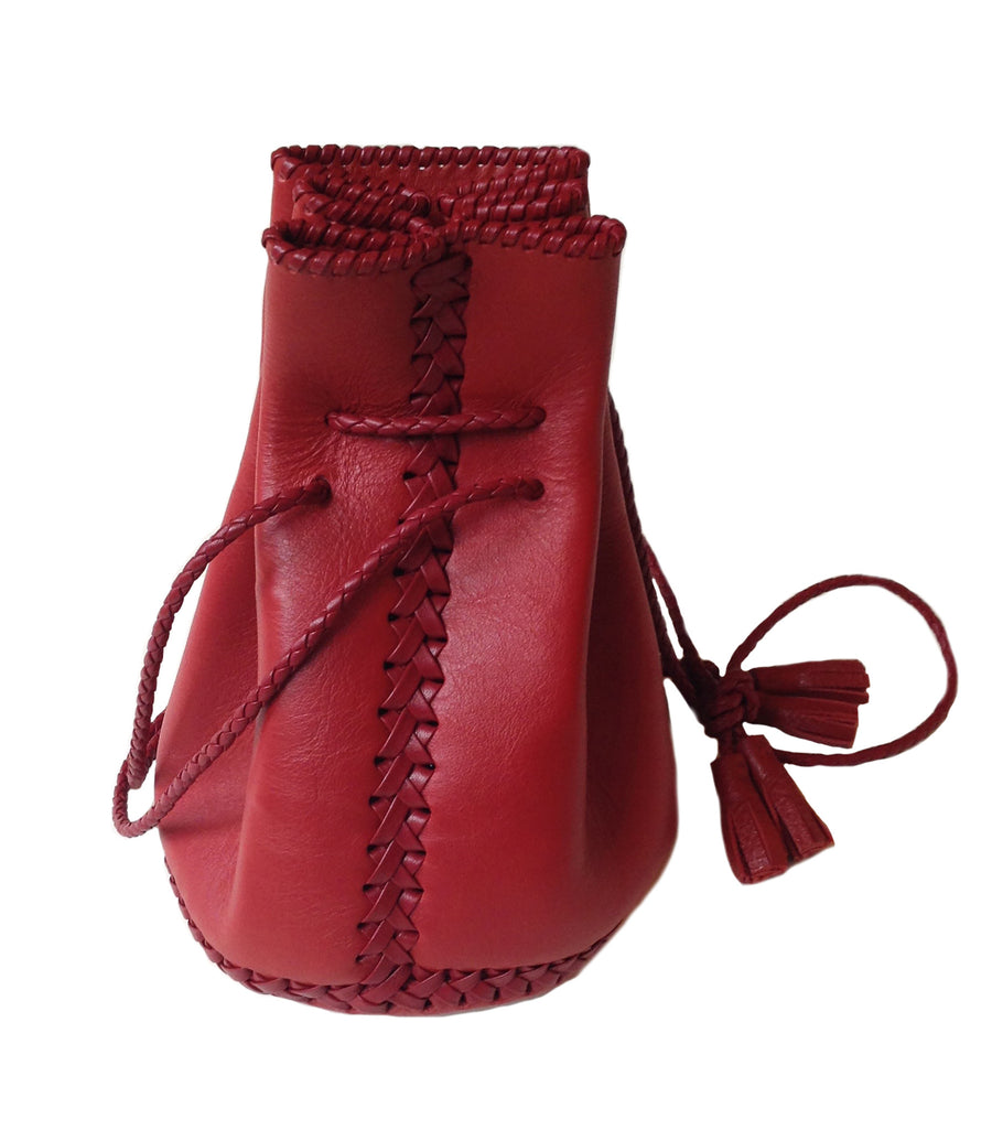 Bright Red Leather Whipstitch Bullet Bag Wendy Nichol Designer Purse Handbag Handmade in NYC New York City Leather Fringe Tassel Drawstring Bucket Pouch Boho Handbag