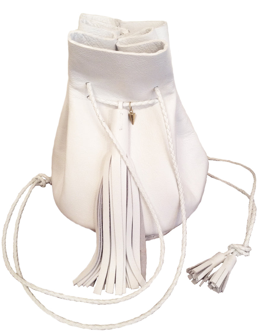 White Leather Signature Classic Bullet Bag Wendy Nichol Handmade in NYC New York City Leather Drawstring Bucket Pouch Purse Handbag Large Fringe Tassel Custom Made to Order