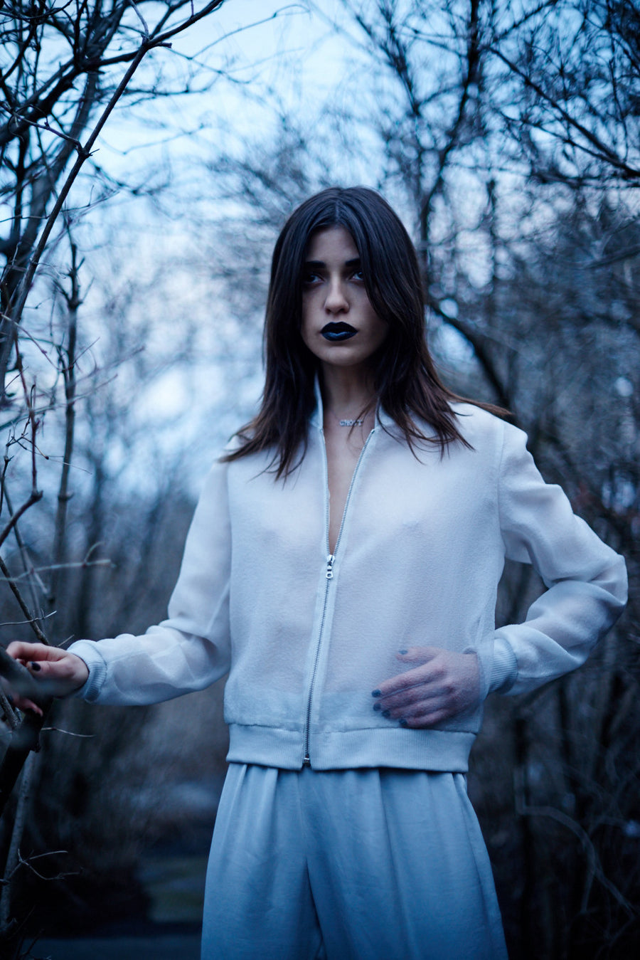 Vanessa M. IMG Model Wendy Nichol Clothing Designer Made to Order Custom Tailoring Made to Measure Handmade in NYC New York City Fashion Runway Show AW16 13 Incarnations White Sheer Silk Club Bomber Jacket w. White Ghost & White Silver Gray Grey Silk Ruche Ankle Pants High Waist Waisted Skinny pajama sweatpants 