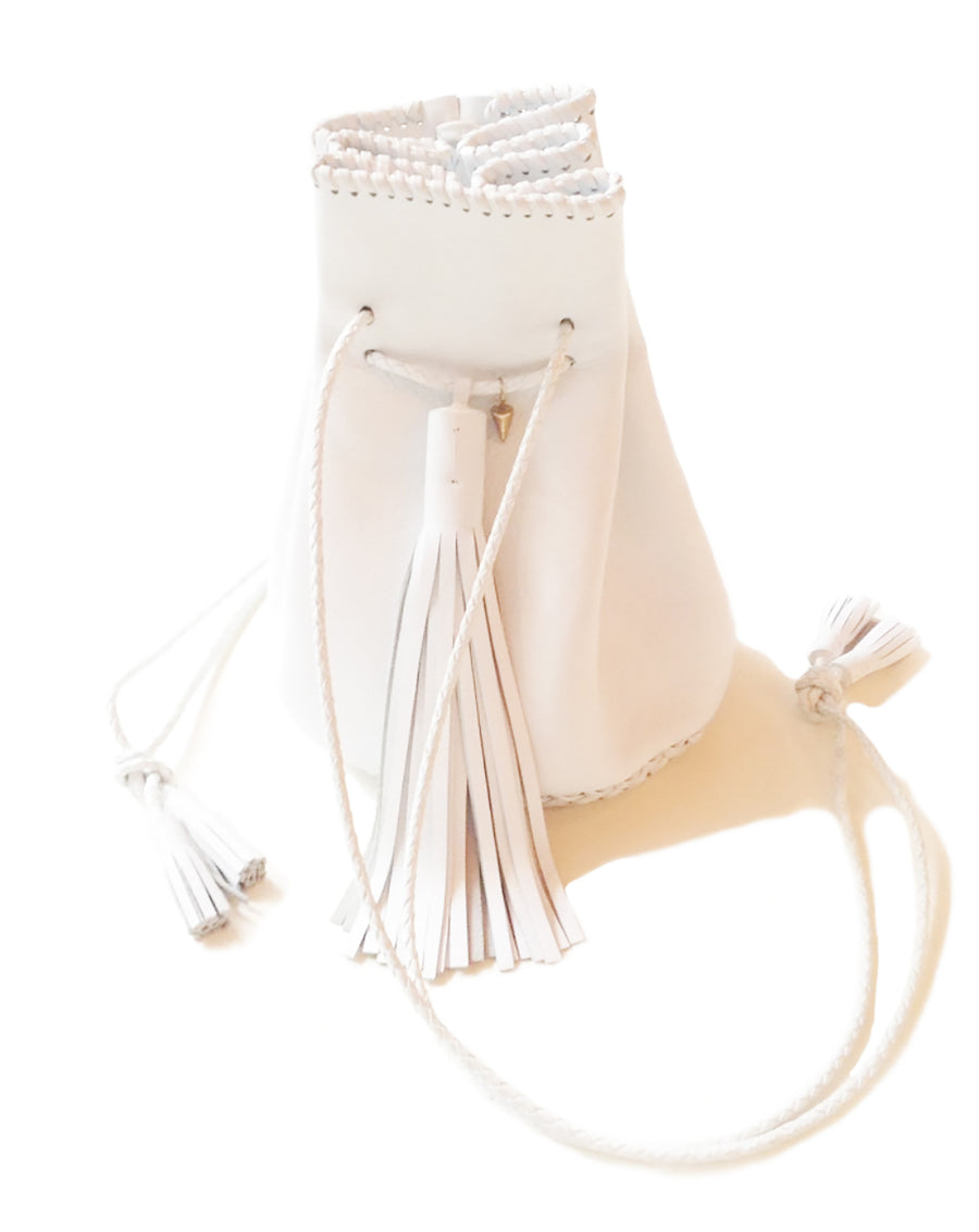 White Leather Whipstitch Bullet Bag Wendy Nichol Designer Purse Handbag Handmade in NYC New York City Leather Fringe Tassel Drawstring Bucket Pouch Boho Handbag Summer