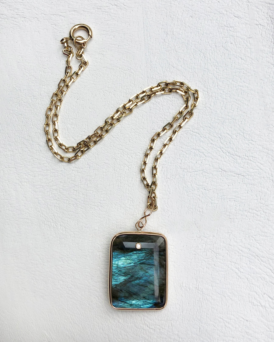 Emerald Cut Labradorite and Diamond Pendant