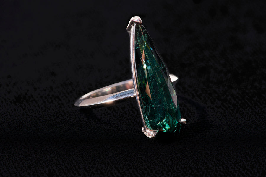 Elongated Teardrop Tourmaline Ring with White Diamond Pave Prongs