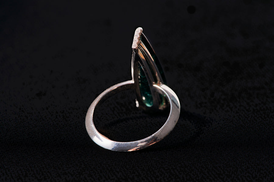Elongated Teardrop Tourmaline Ring with White Diamond Pave Prongs